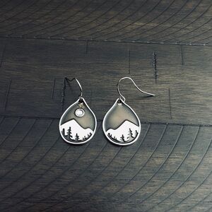 Simple Rain Drop Mountain Tree Drop Earrings - Black and Silver